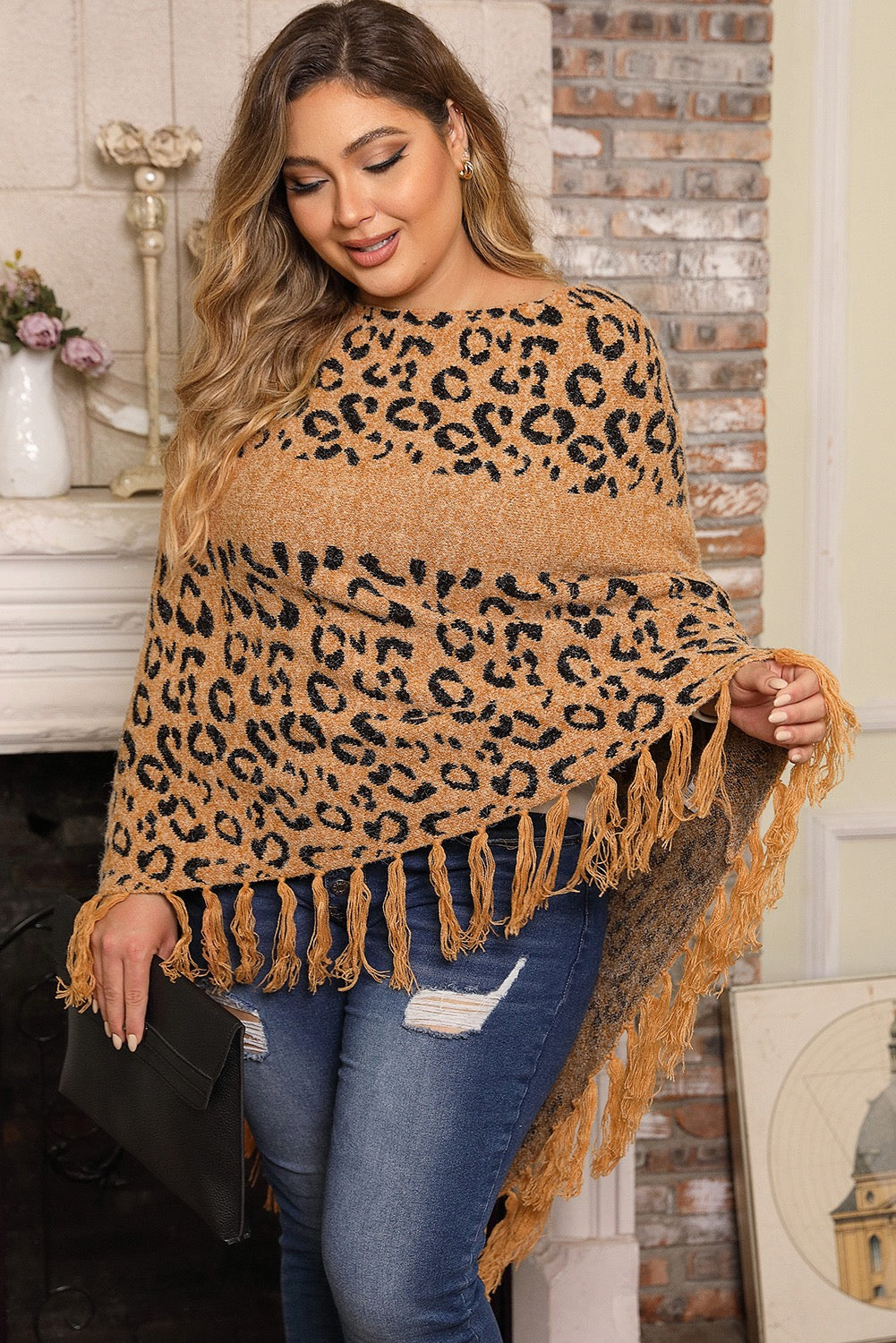 Leopard Tassel Drape Poncho (Plus Size)
