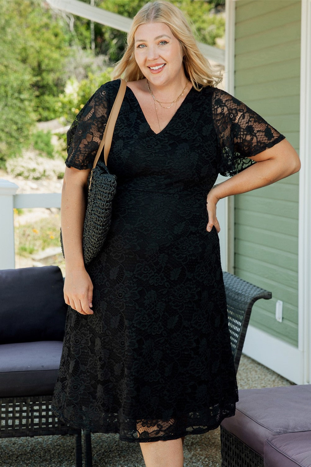 V neck black lace midi dress with flutter short sleeve