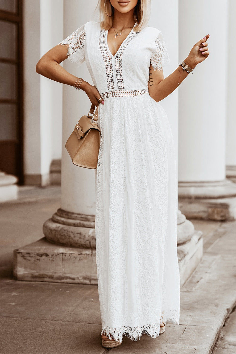 Lace V-Neck Maxi Dress - White