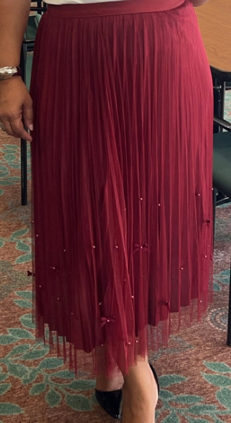 Pleated Tulle Bows & Pearls Skirt -Burgandy