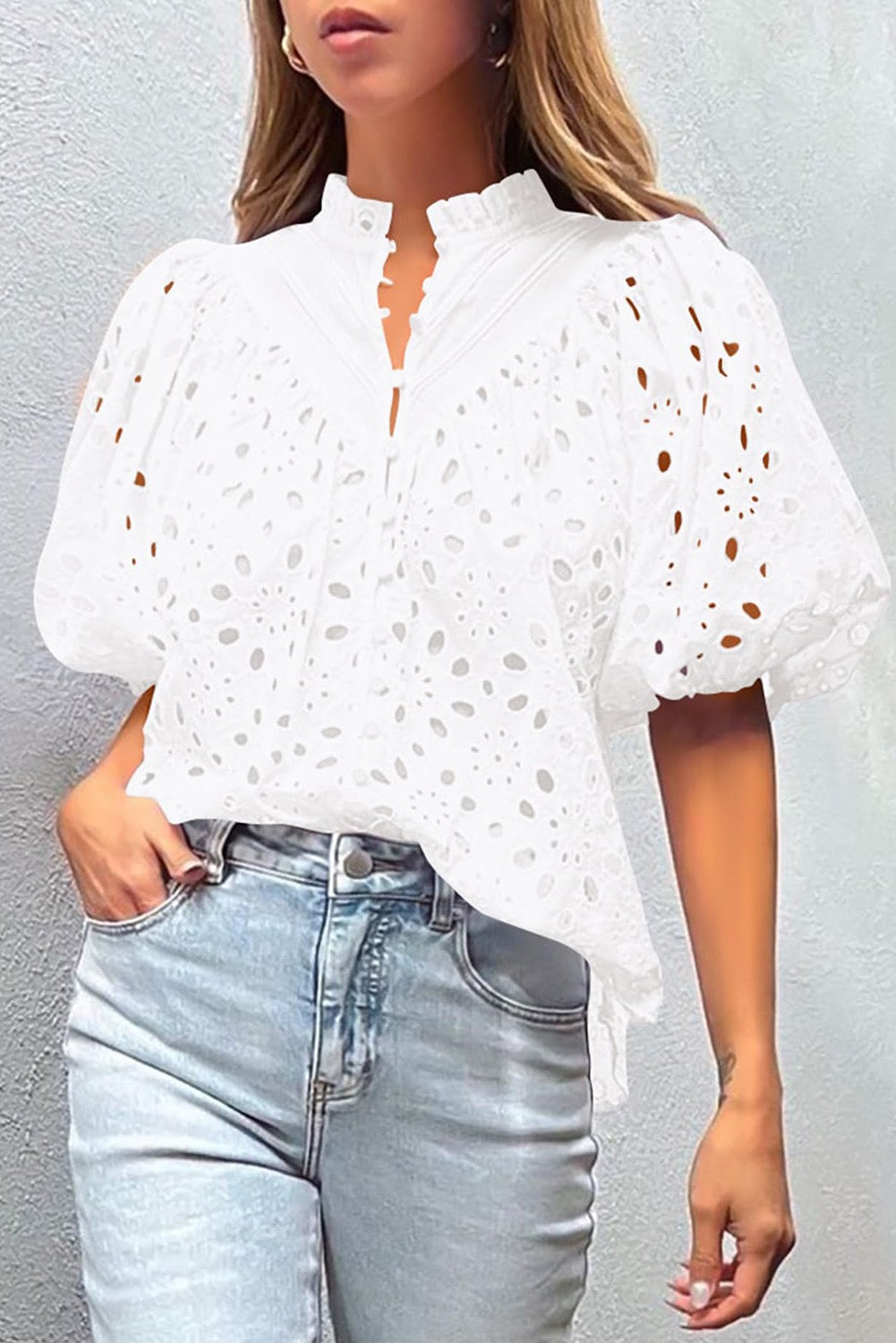 Eyelet Puff Sleeve Blouse - White