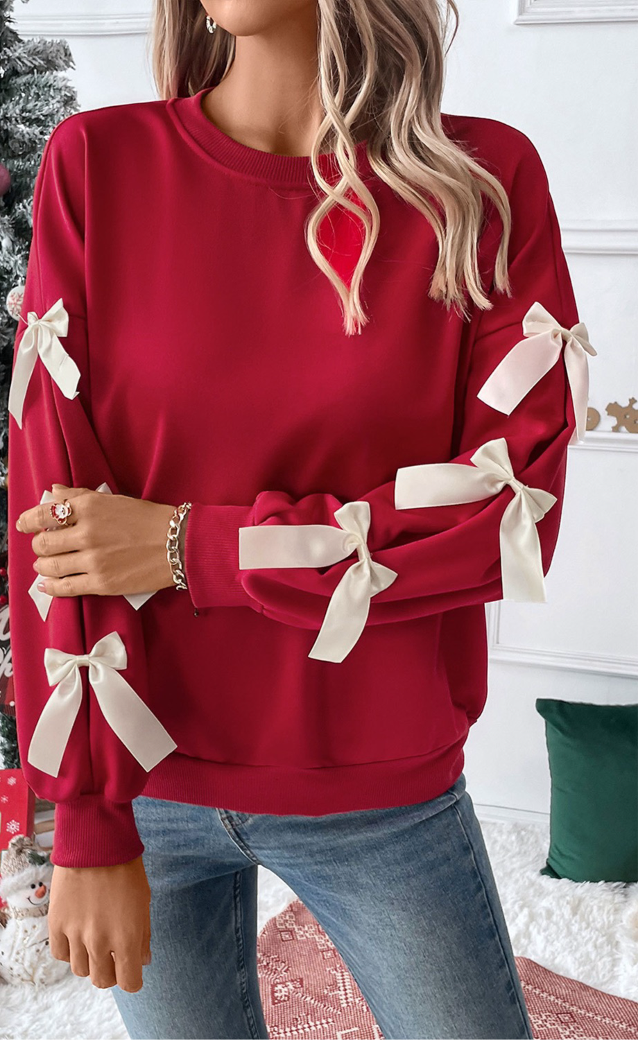 Bow Sleeve Sweatshirt - Red