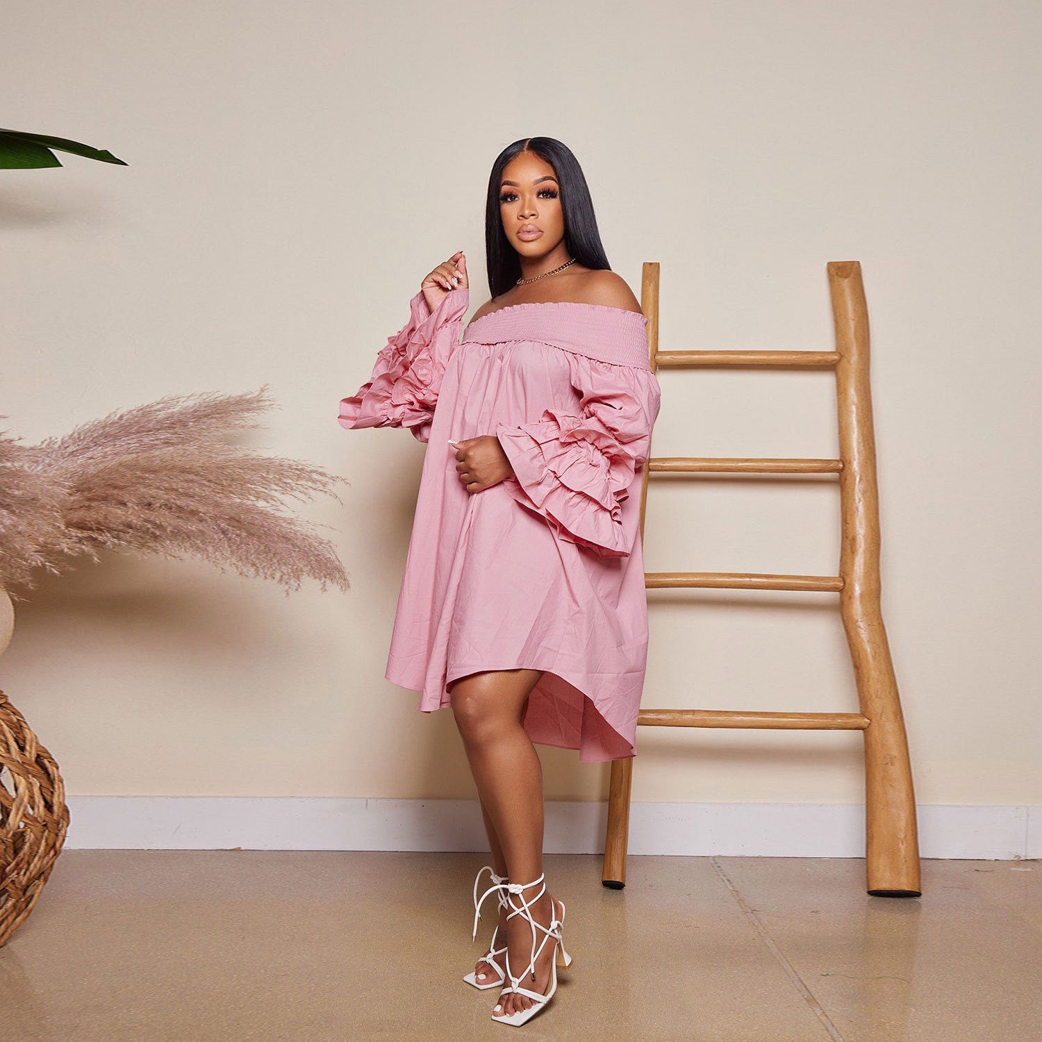women's light pink off the shoulder dress Light Pink Off Shoulder Ruffle Sleeve Dress for Women