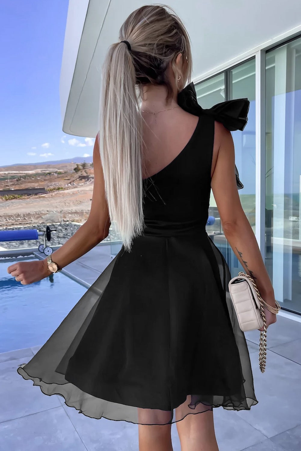 Bowtie Dress One Shoulder- Black