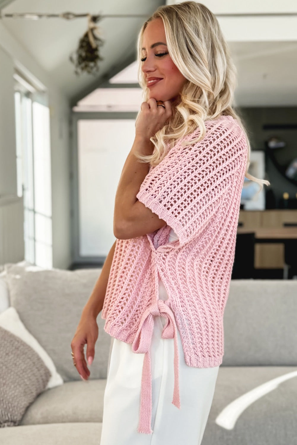 Crochet Side Tie Short Sleeve Top -Pink