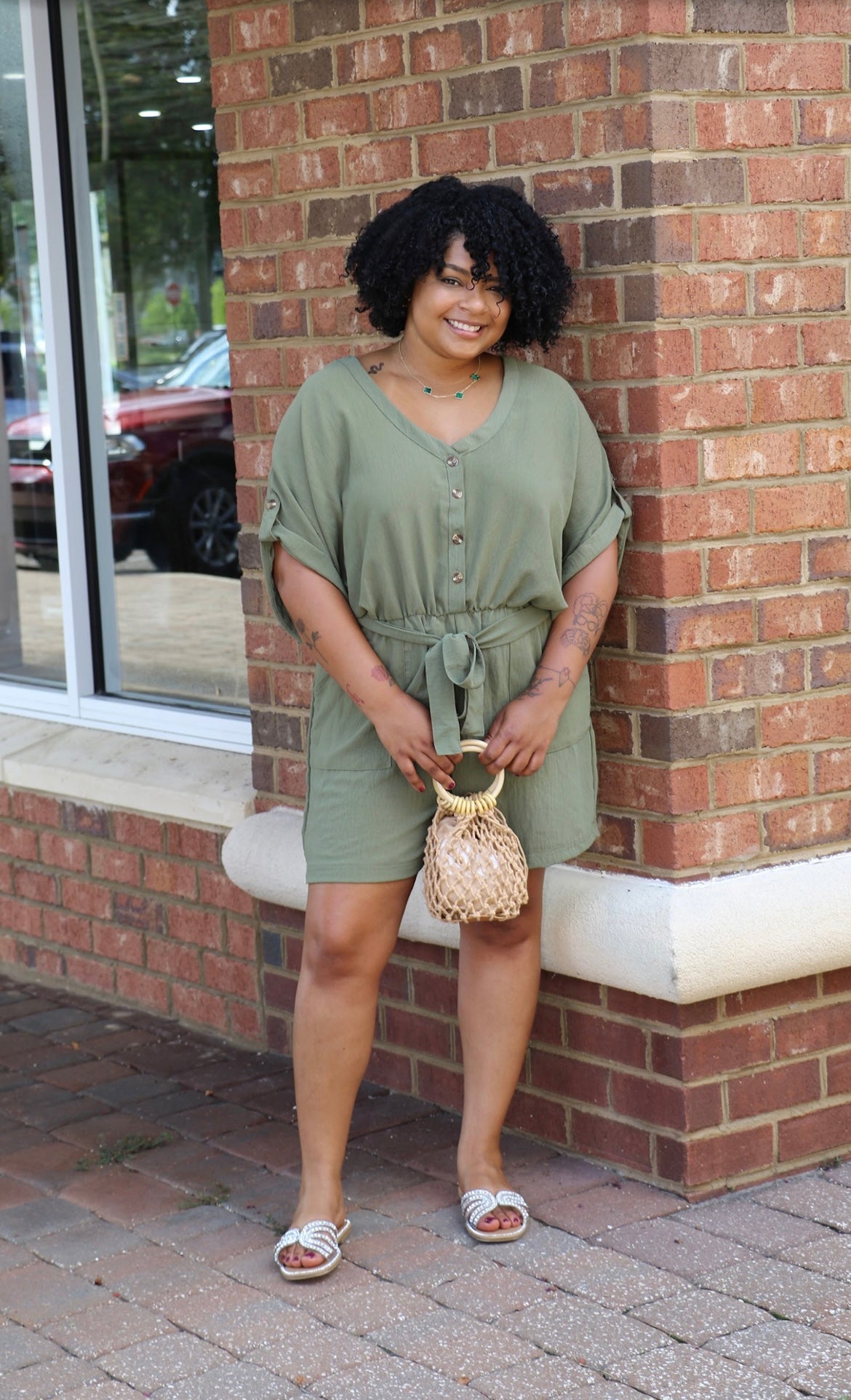 Button Front V-Neck Romper - Olive Green