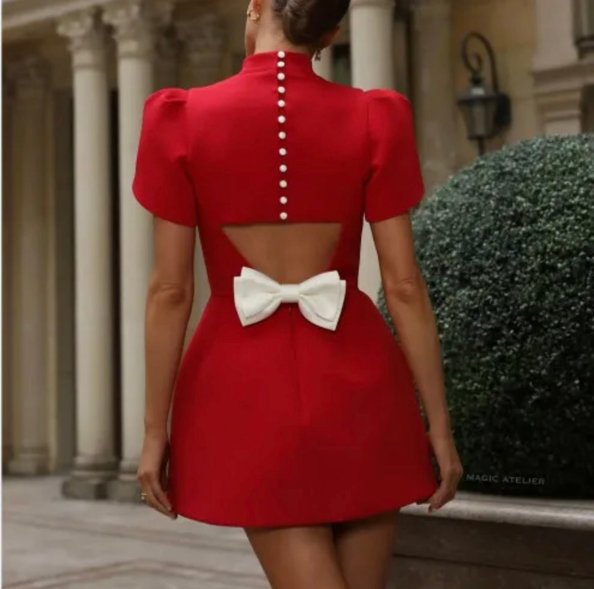 Elegant Red Puff Sleeve Mini Dress with Open Back & Statement Bow – High Neck Cocktail Party Dress