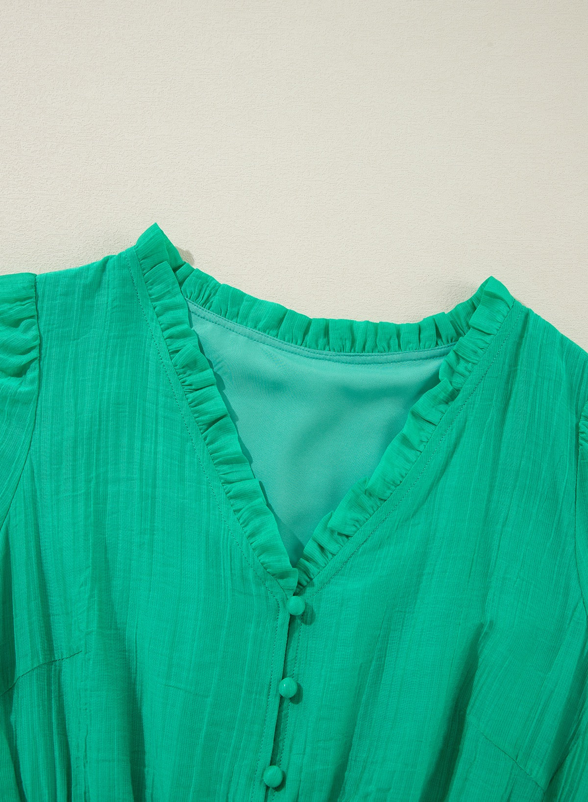 Frill Puff Sleeve V-Neck Tiered Dress - Green
