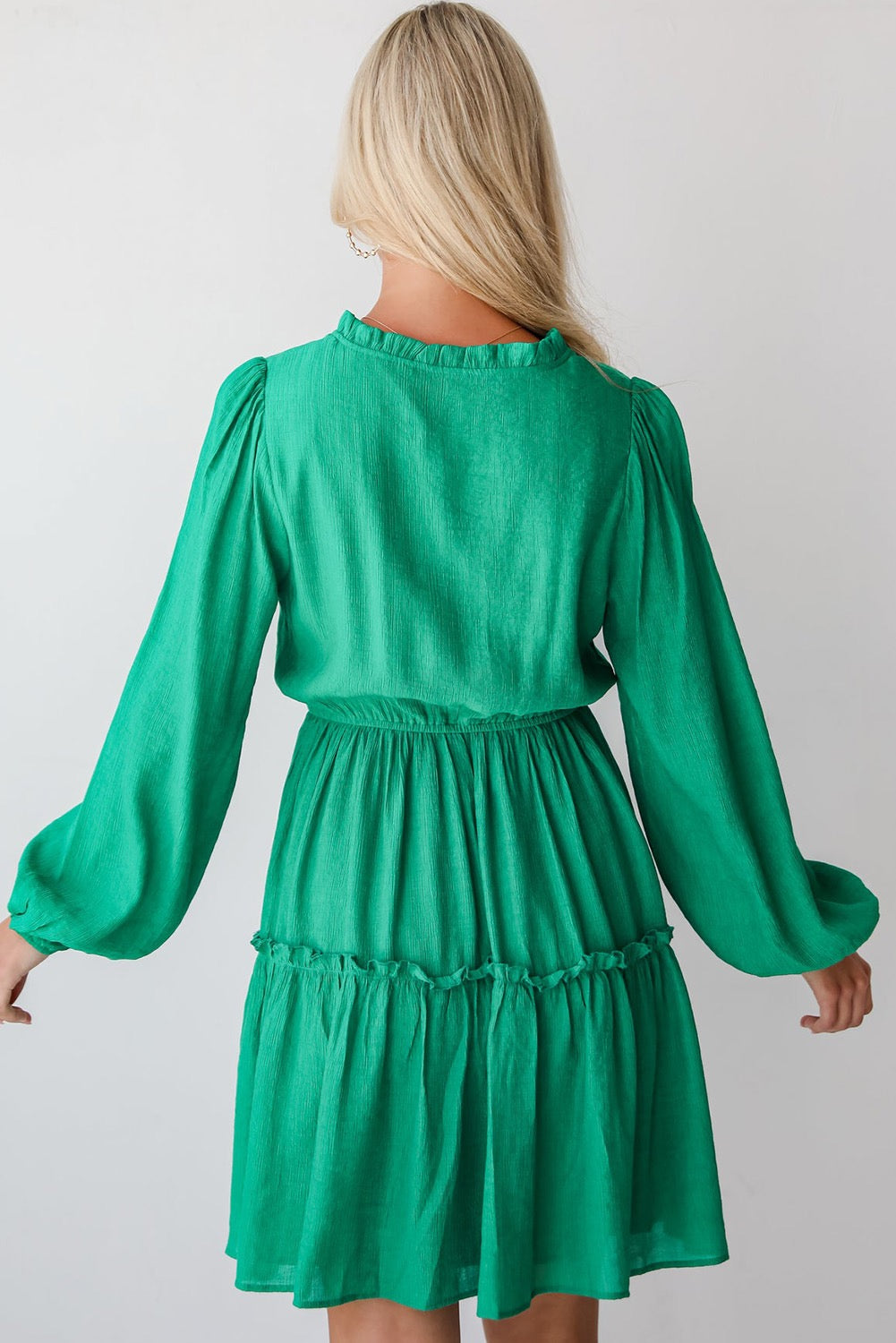 Frill Puff Sleeve V-Neck Tiered Dress - Green