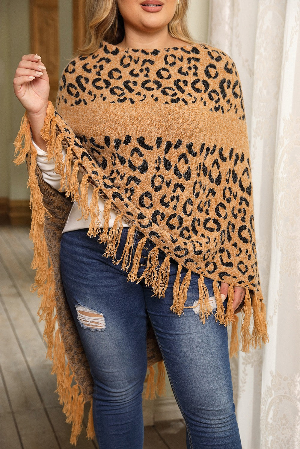 Leopard Tassel Drape Poncho (Plus Size)