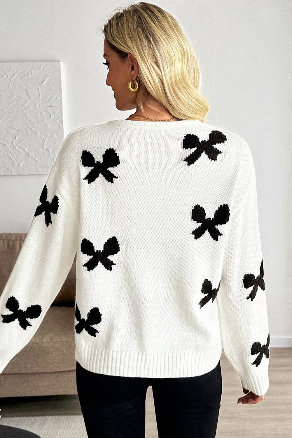 Chic Bow-Tie Knit Cardigan – White & Black Statement Sweater (Pre-Order)