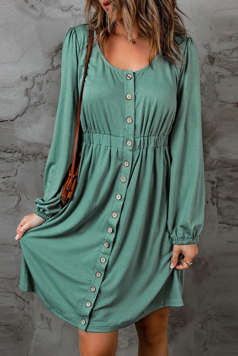 long sleeve empire waist dress Sage Button-Front Long Sleeve Empire Waist Dress