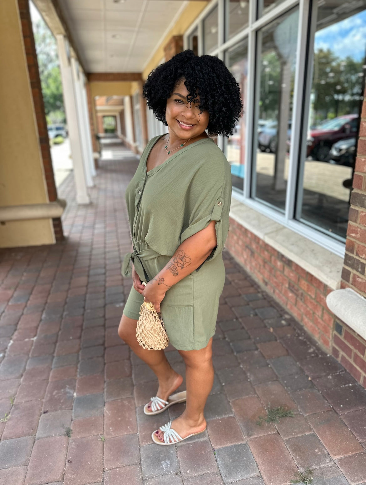 Button Front V-Neck Romper - Olive Green