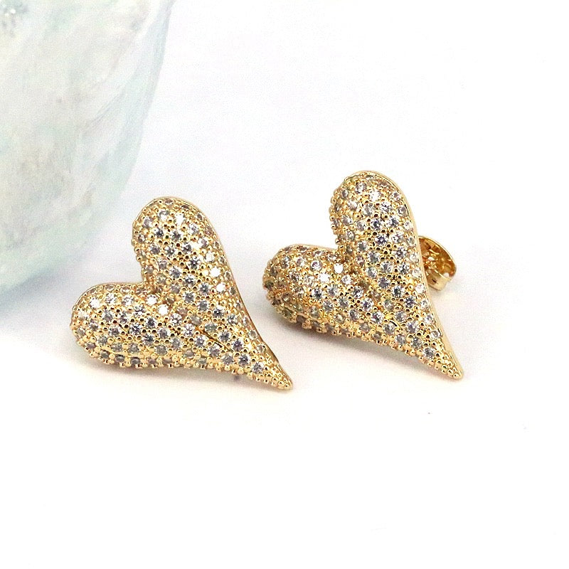 Rhinestone Heart Earrings - Gold