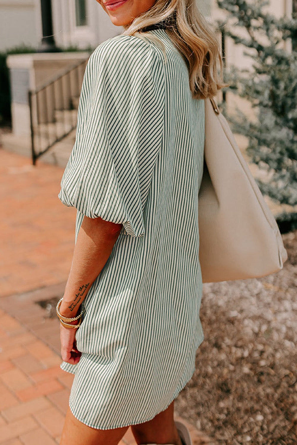Stripe Pocket Front Shirt Dress- Green