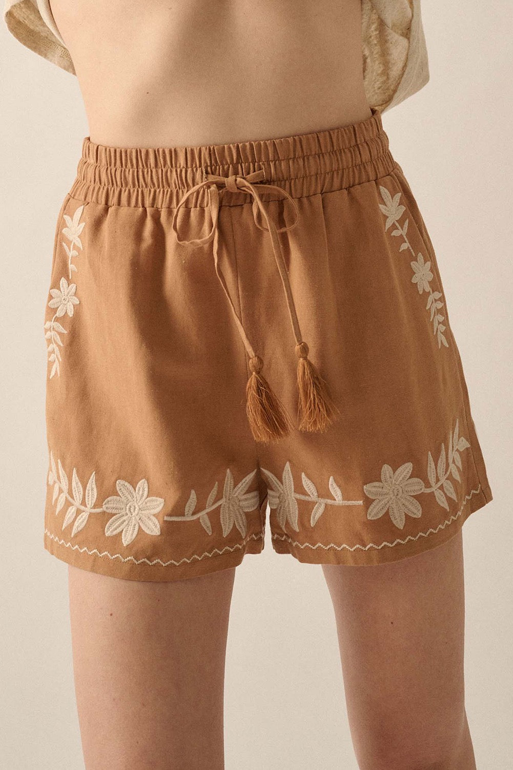 Floral Embroidered Shorts - Caramel Brown