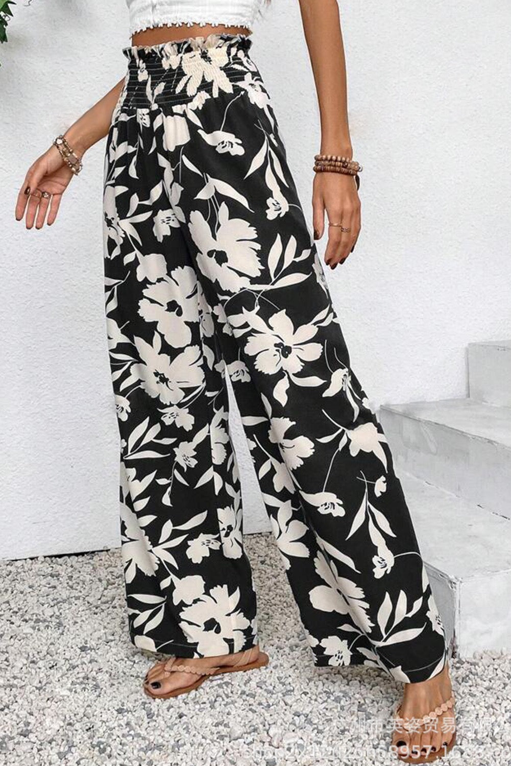 Floral Print Smocked Waist Wide Leg Pants - Black/ White