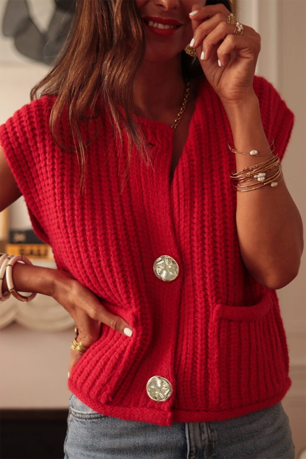Textured Knit Pocket Buttoned Sweater Vest- Red