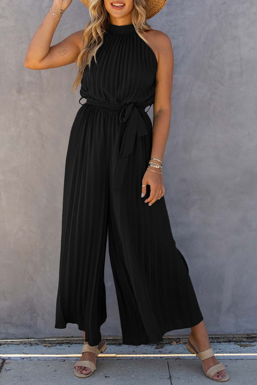 sleeveless pleated jump suit with belt