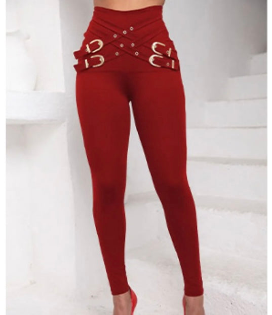 Criss-Cross Buckle Pants - Red