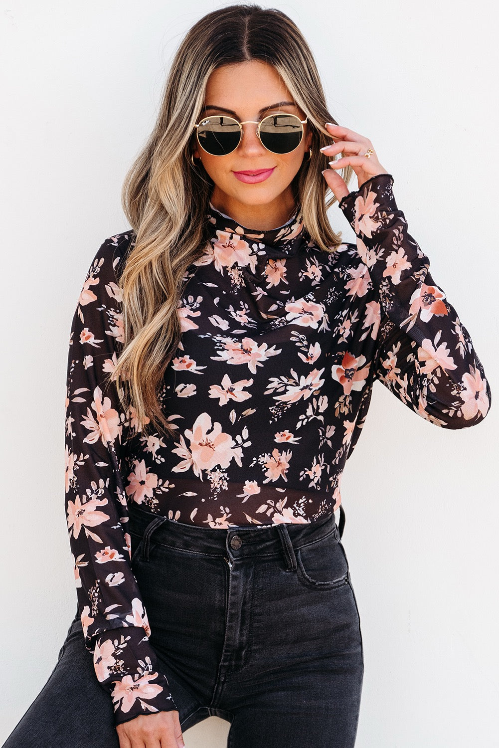 Floral Print Mesh Top - Black