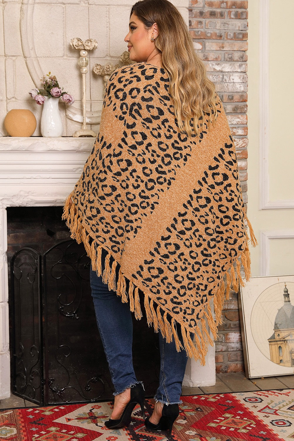 Leopard Tassel Drape Poncho (Plus Size)
