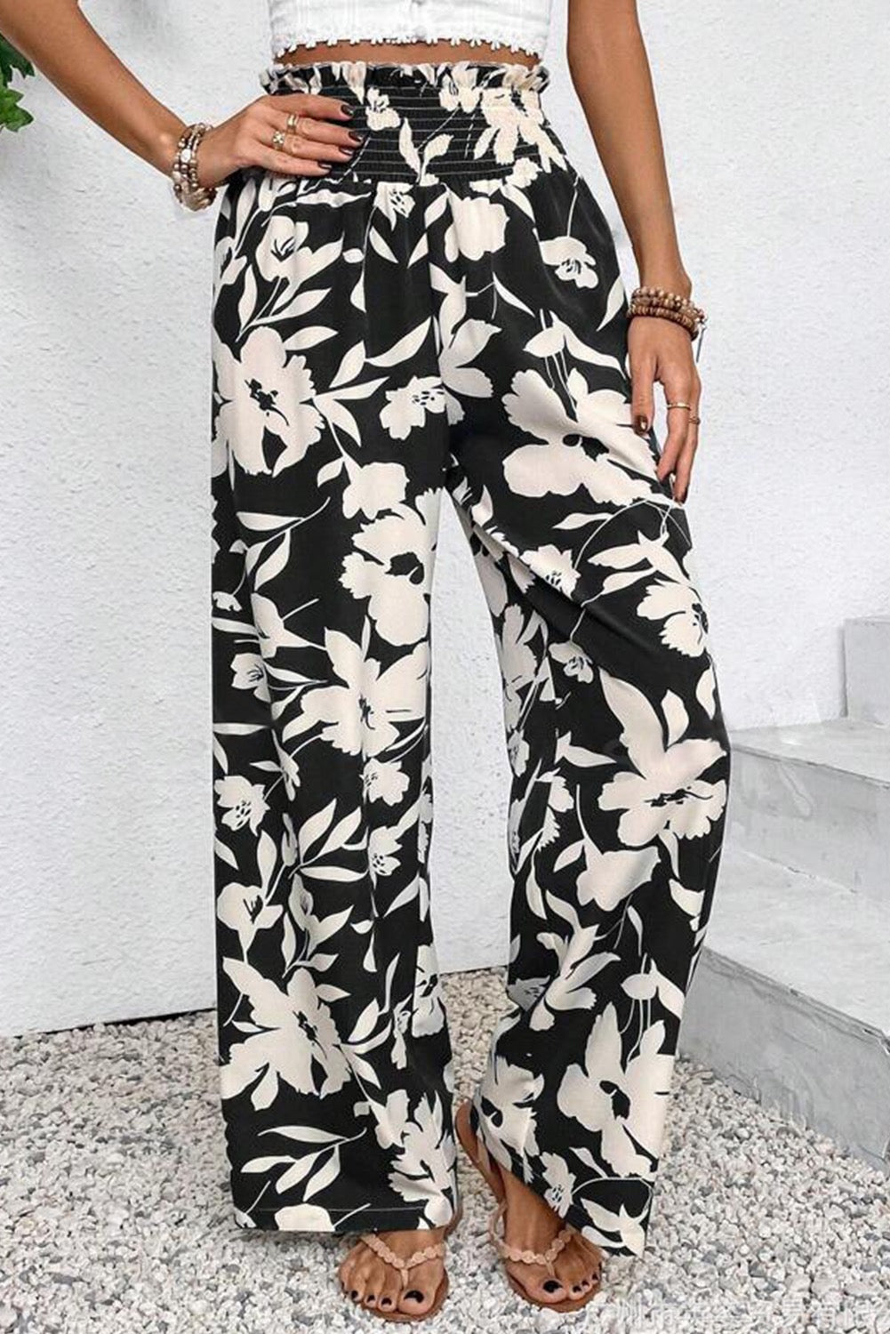 Floral Print Smocked Waist Wide Leg Pants - Black/ White