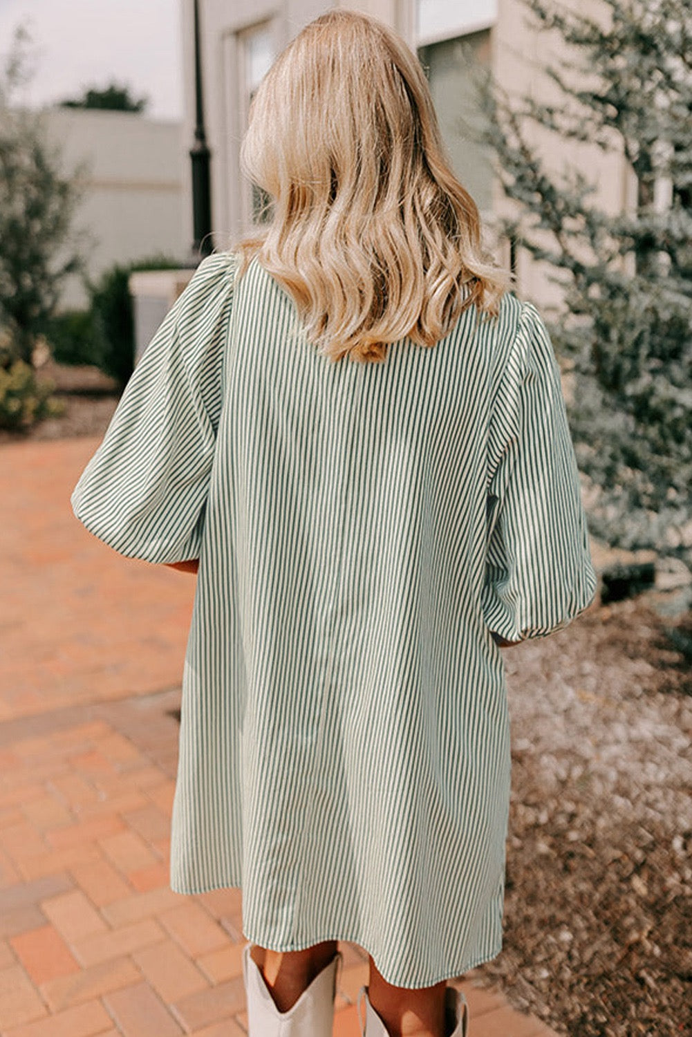 Stripe Pocket Front Shirt Dress- Green
