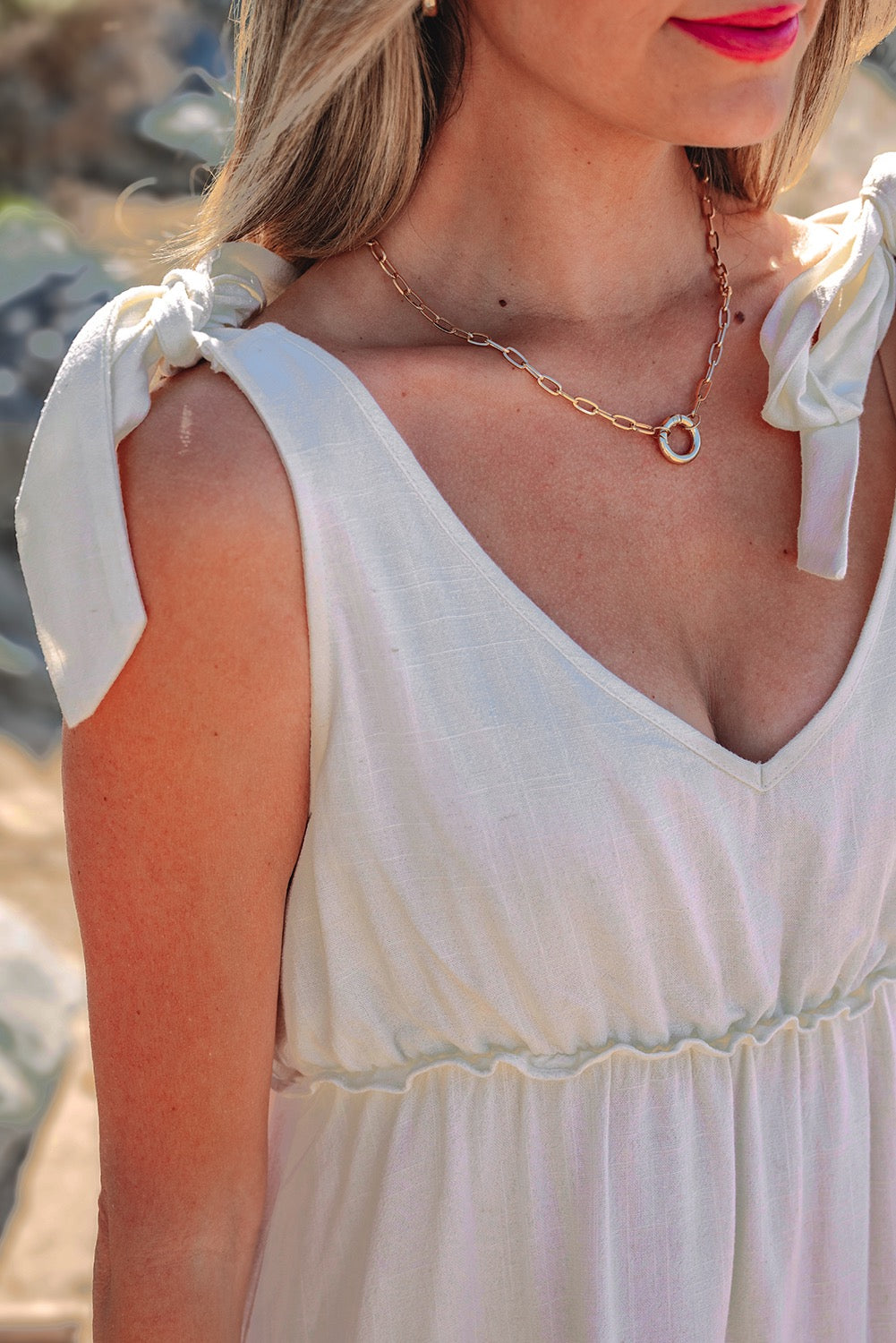 Ruffle Shoulder Tie Dress- Oatmeal