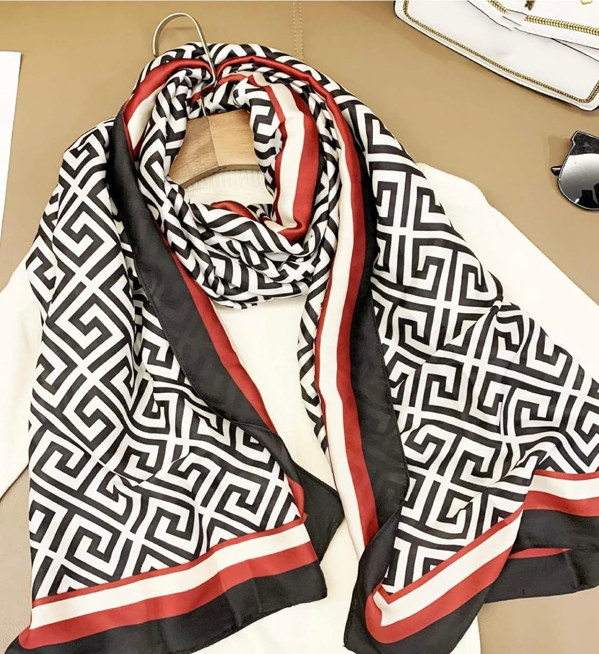 Designer Inspired Print Silk Scarf - Black/White