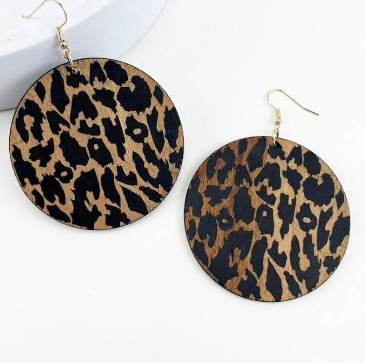 Leopard Print Wooden Statement Earrings – Lightweight Round Dangle Earrings for Women