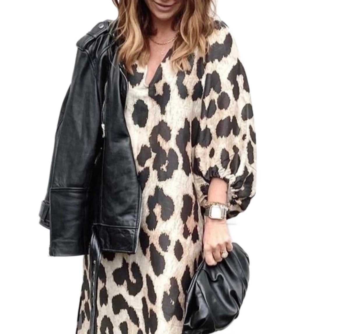 Animal print V Neck Midi dress with balloon sleeve