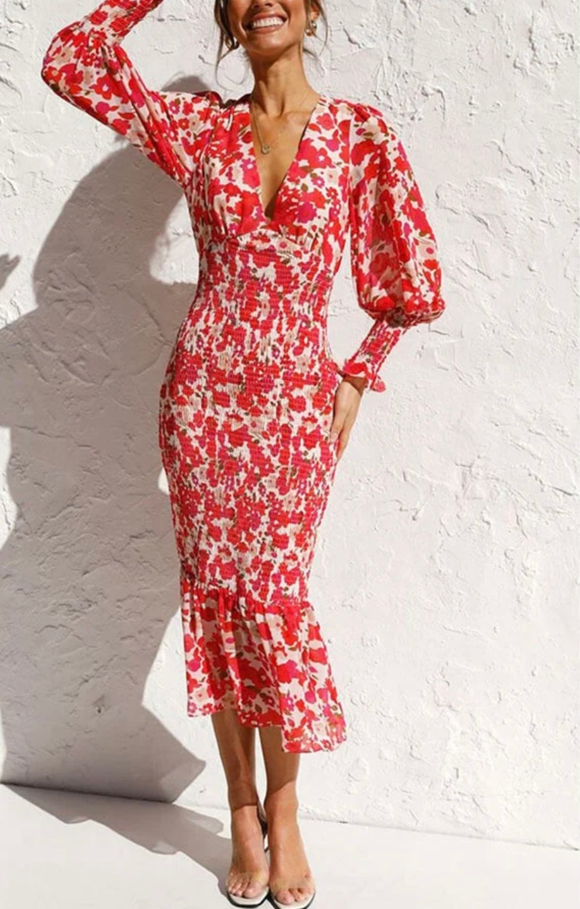 Floral V Neck midi dress with balloon sleeve and smocked bodice