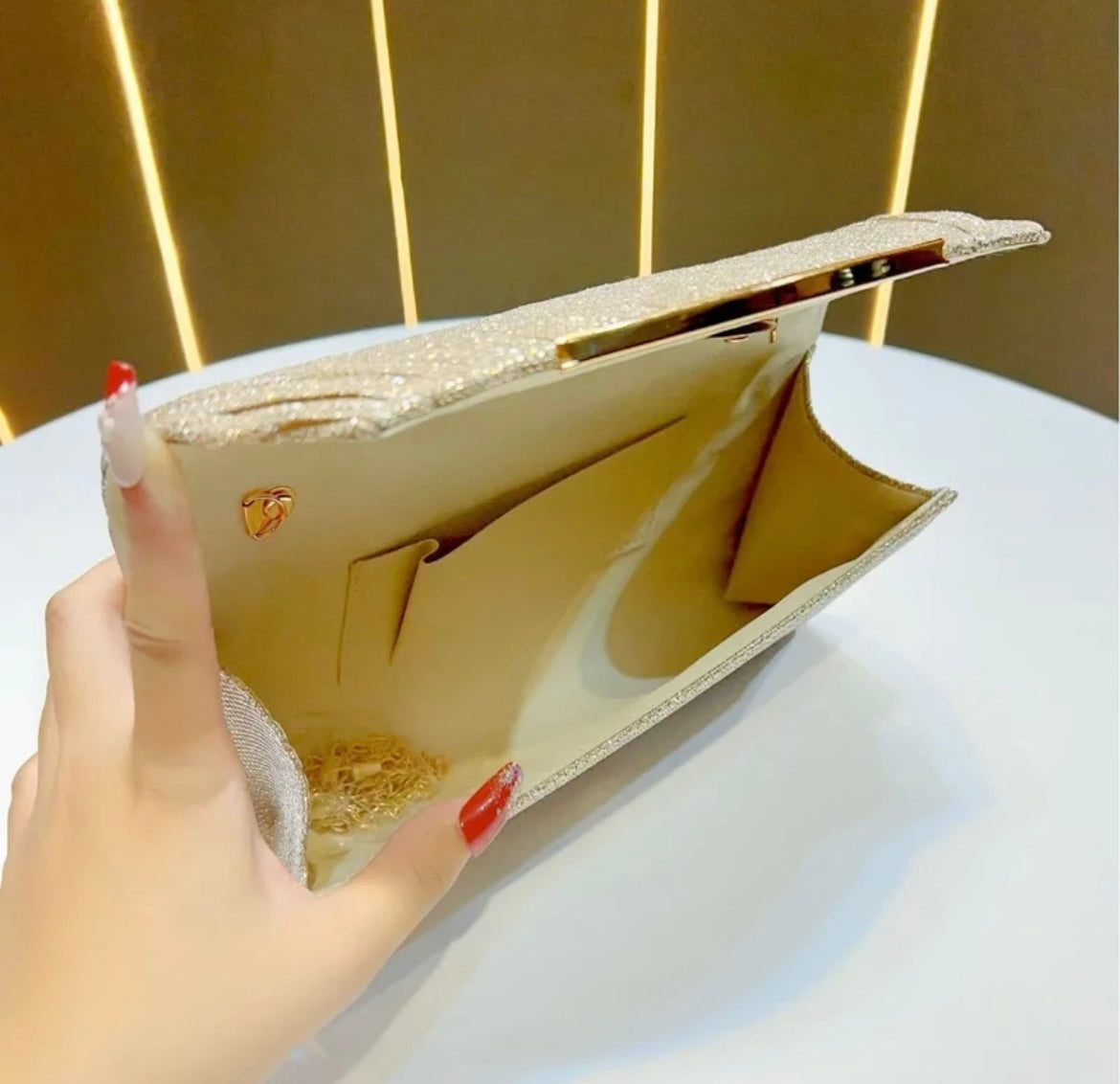 Gold Sparkle Evening Clutch – Elegant Rhinestone Pleated Handbag for Parties & Special Occasions