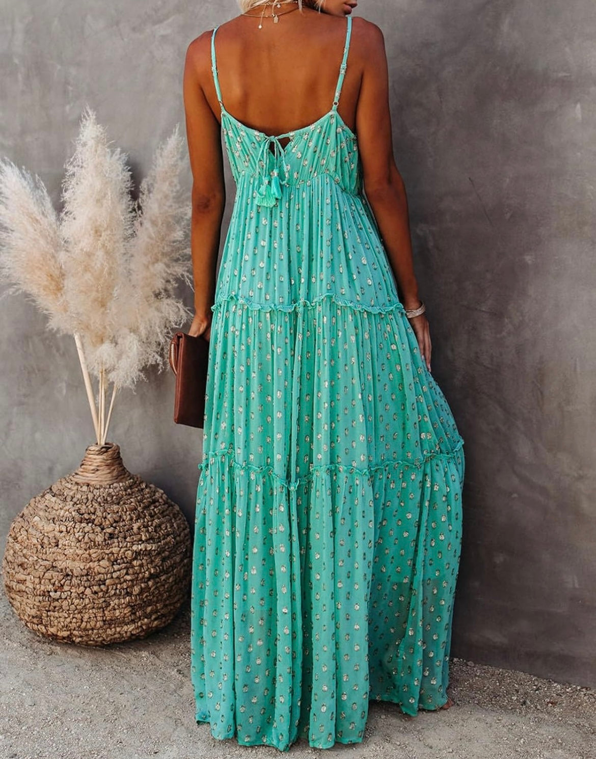 V-Neck Wrap Print Sundress -Green