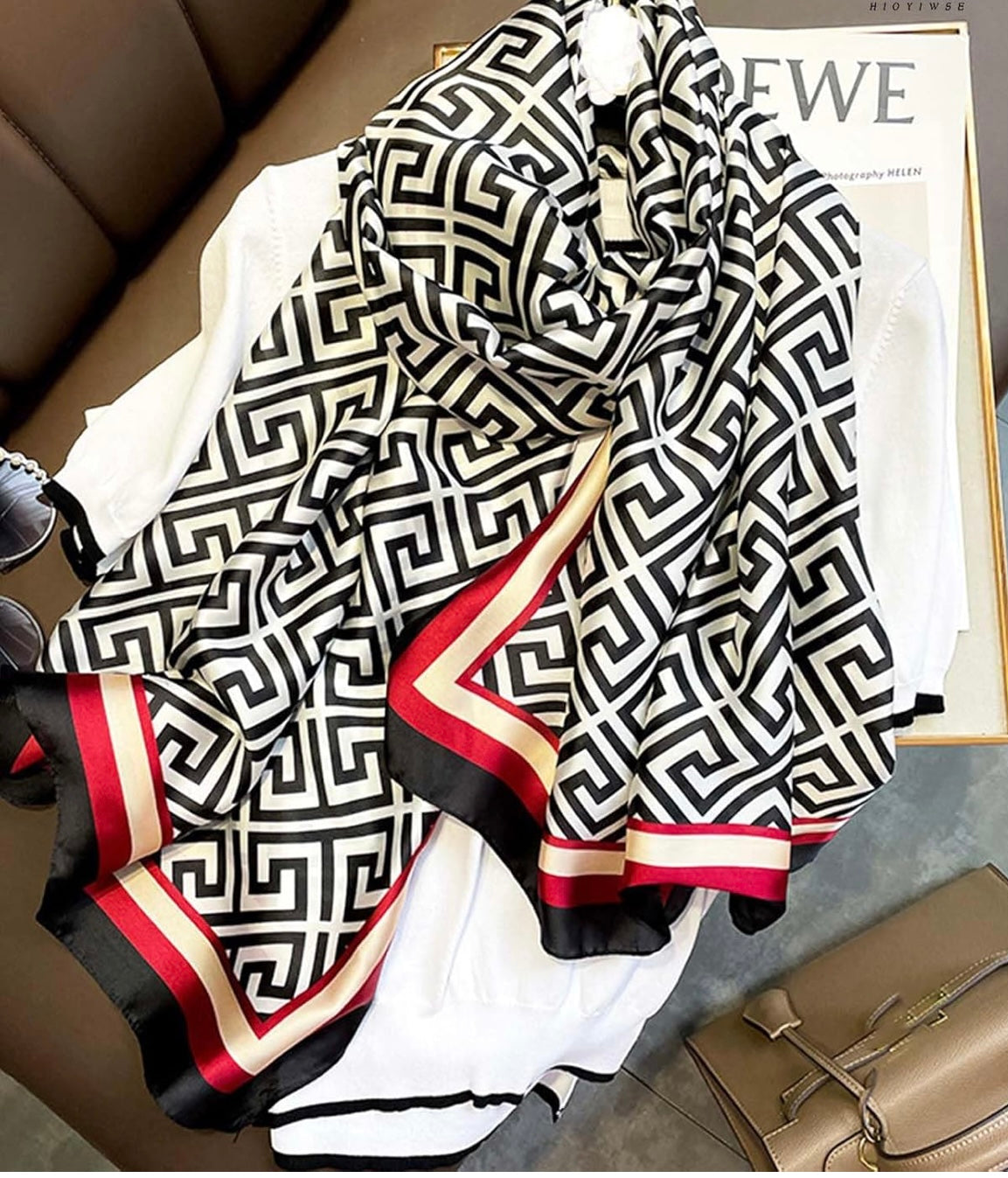 Designer Inspired Print Silk Scarf - Black/White