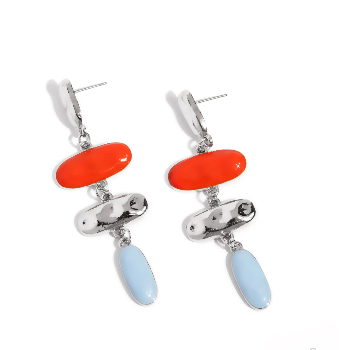 Bold Color Block Statement Earrings for Women | Orange Blue Silver Geometric Drop Earrings