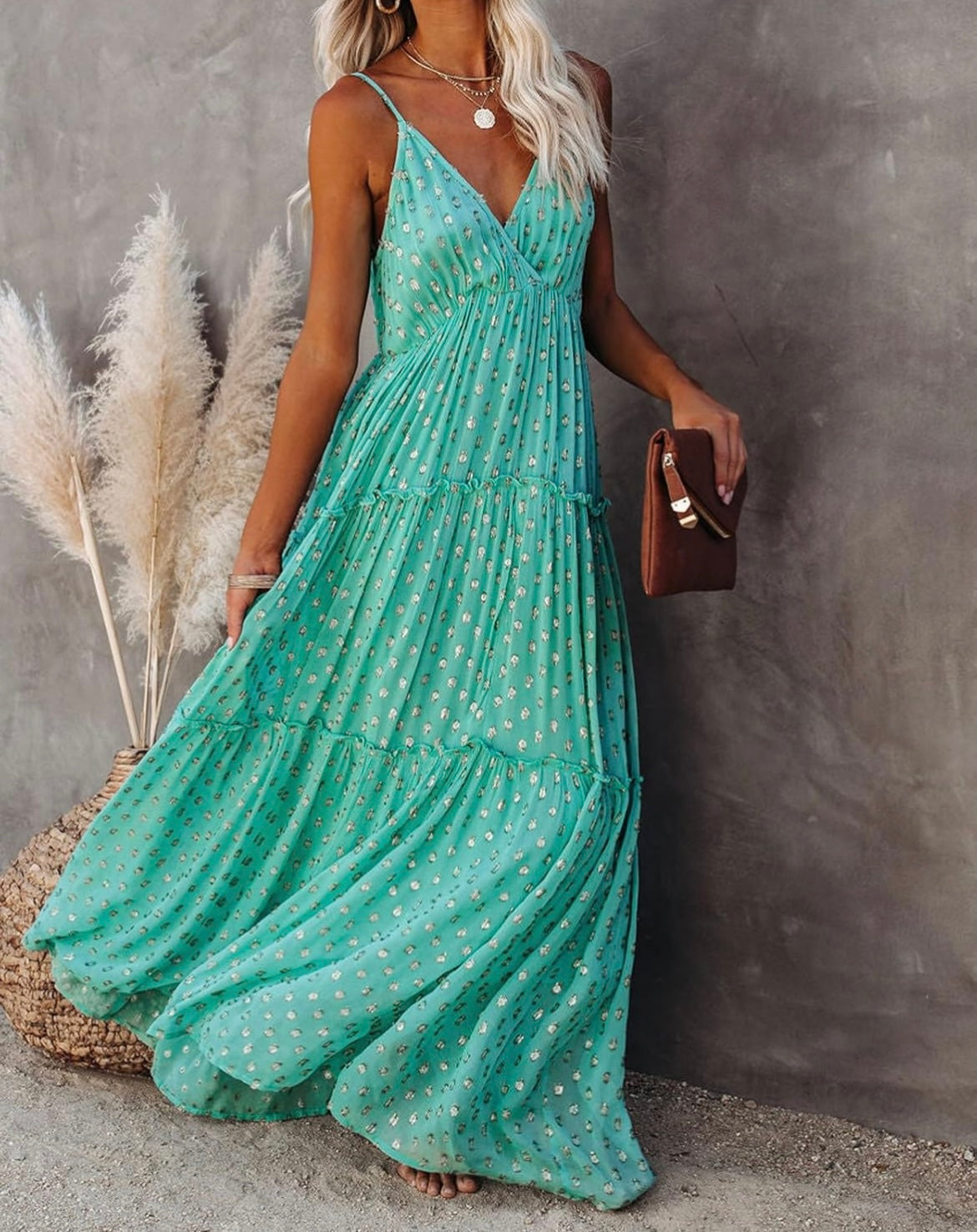 V-Neck Wrap Print Sundress -Green