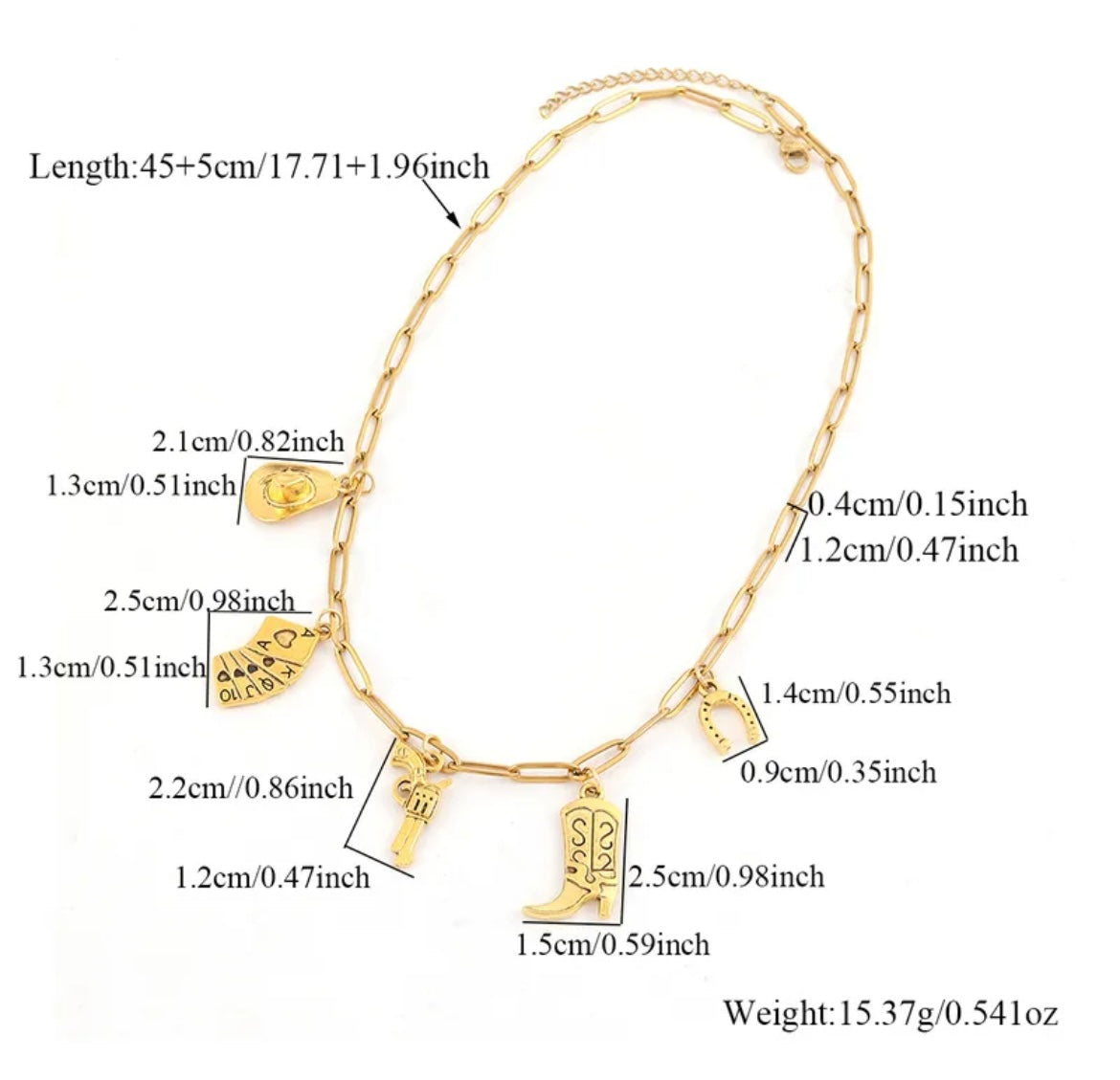 Gold Western Charm Necklace – Cowboy Boot, Hat, Horseshoe & Playing Cards