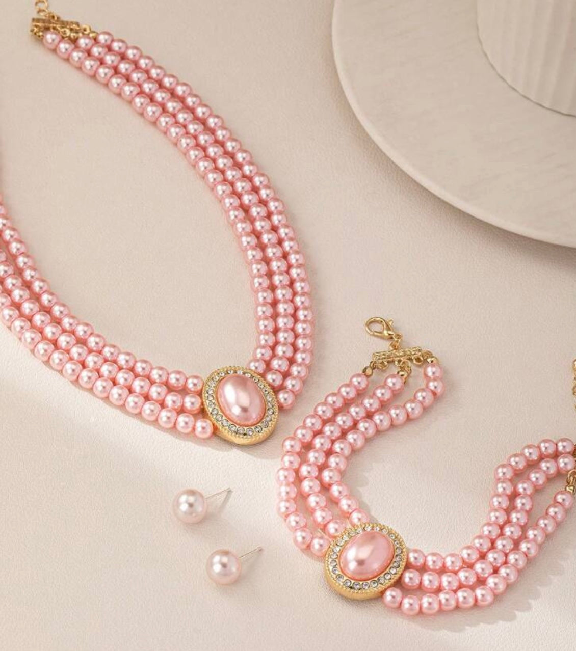 Pearl Choker Necklace, Earring and Bracelet Set- Pink