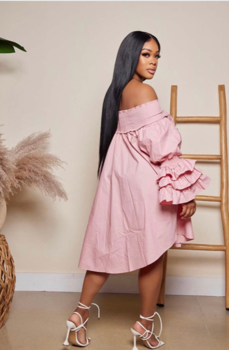 Ruffle Sleeve Off Shoulder Dress- Pink