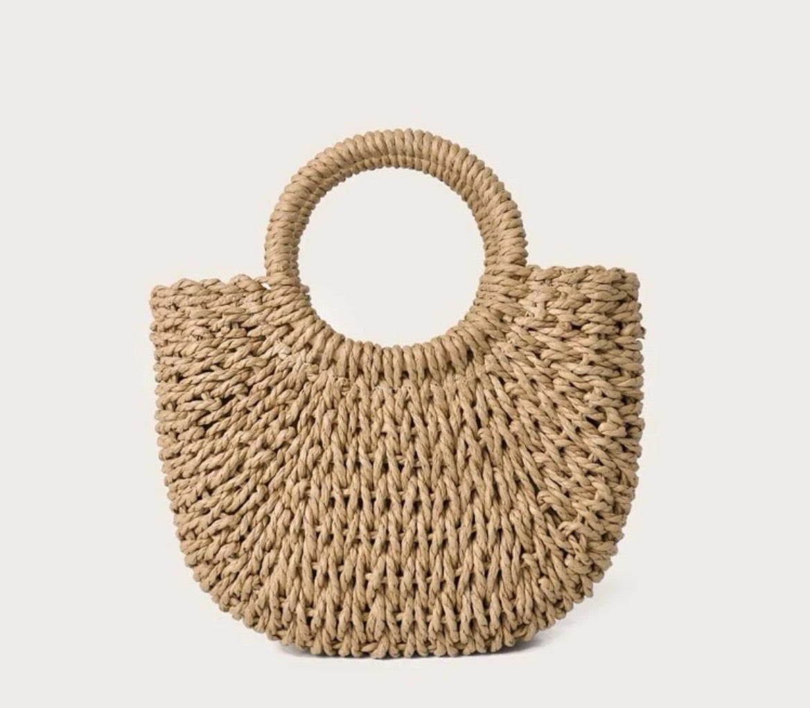 Straw Handbag with Handle - Khaki