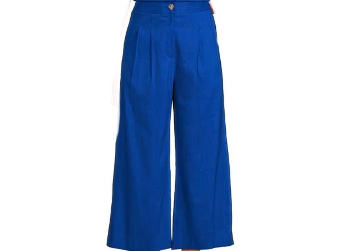 Button Front Wide Leg Pants - Royal Blue