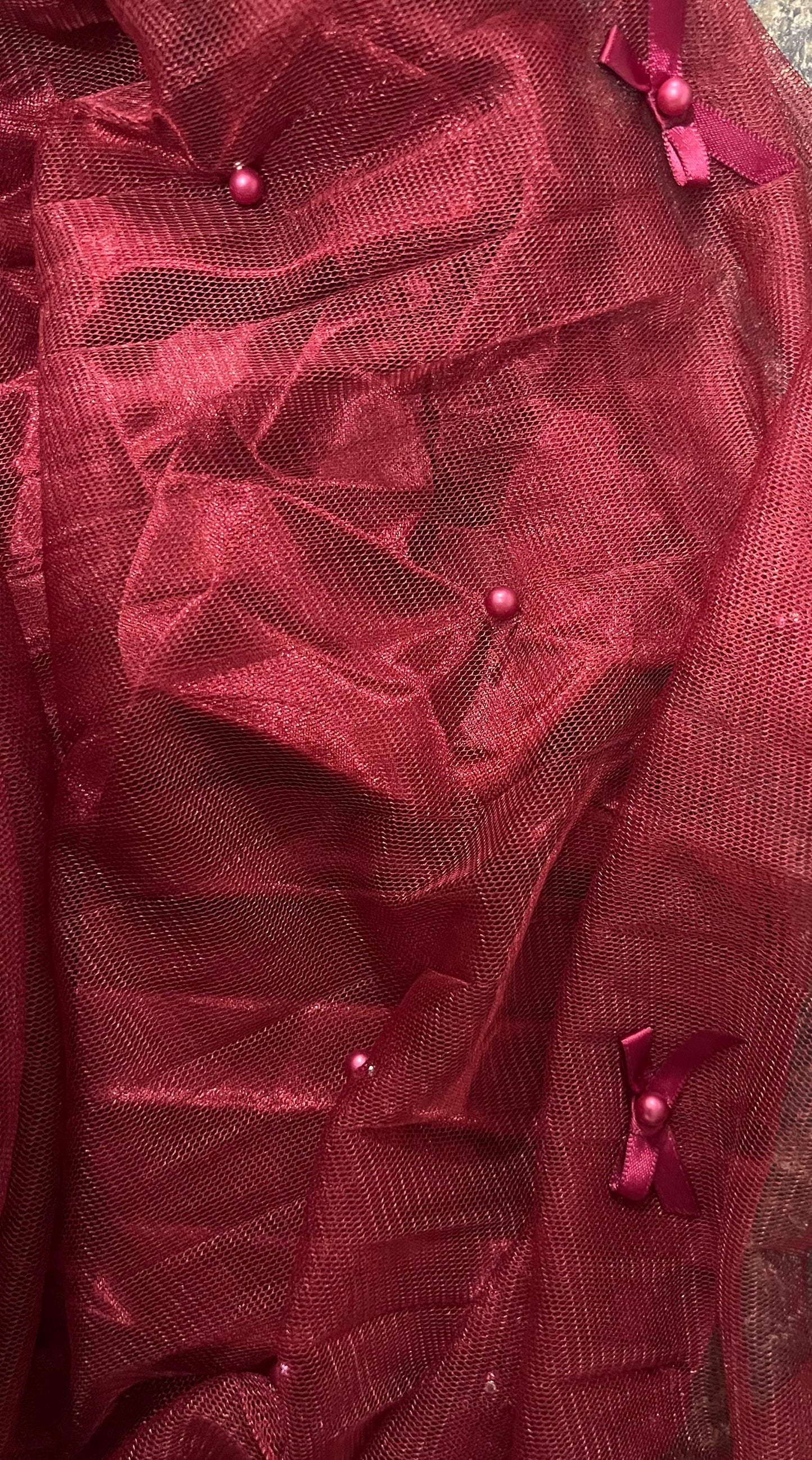 Pleated Tulle Bows & Pearls Skirt -Burgandy