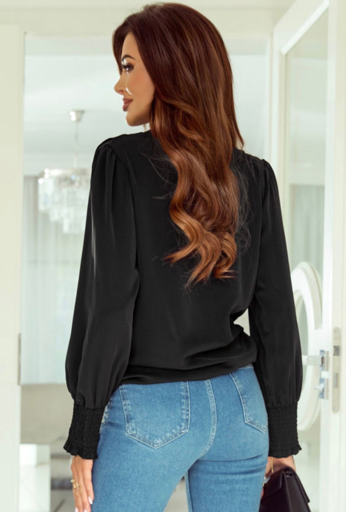 Black Wrap V-Neck Blouse with Smocked Cuffs