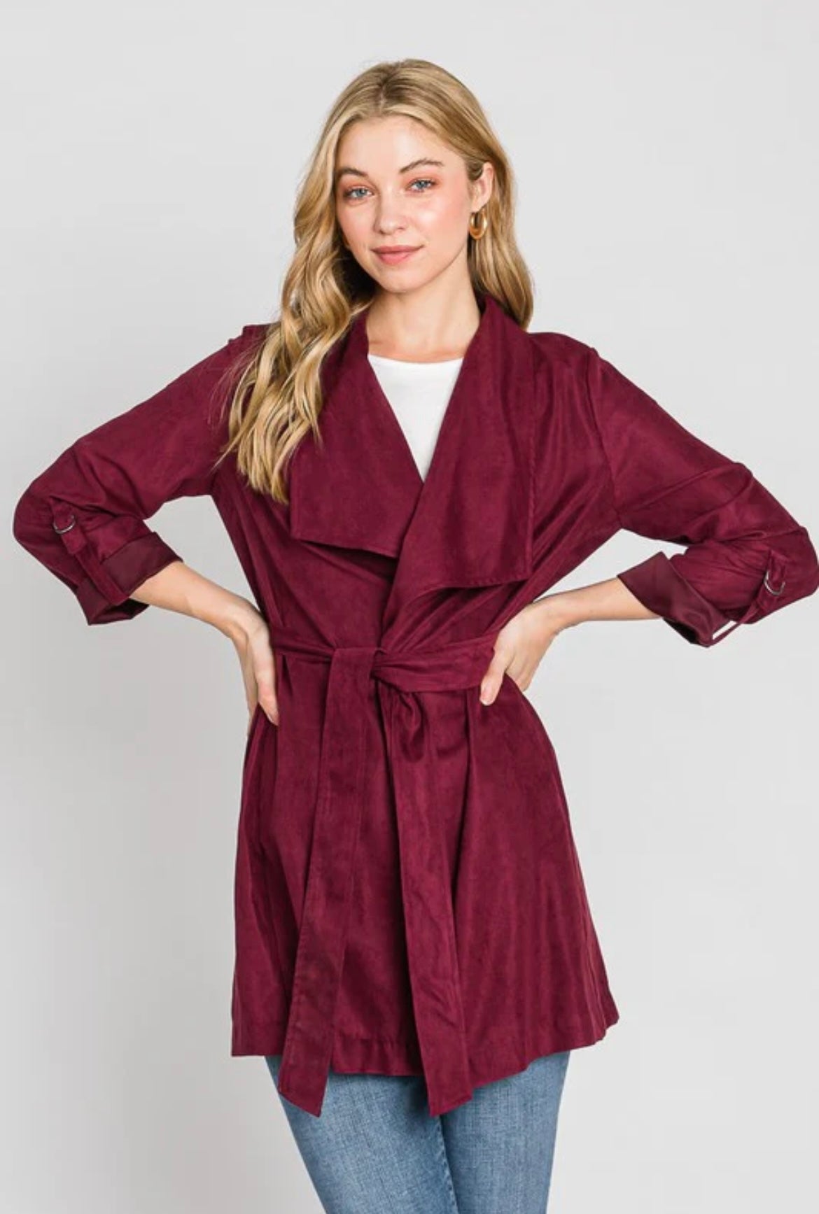 Chic Burgundy Faux Suede Waterfall Trench Jacket with House of Dazzle Boutique Chic Burgundy Faux Suede Waterfall Trench Jacket with House of Dazzle Boutique