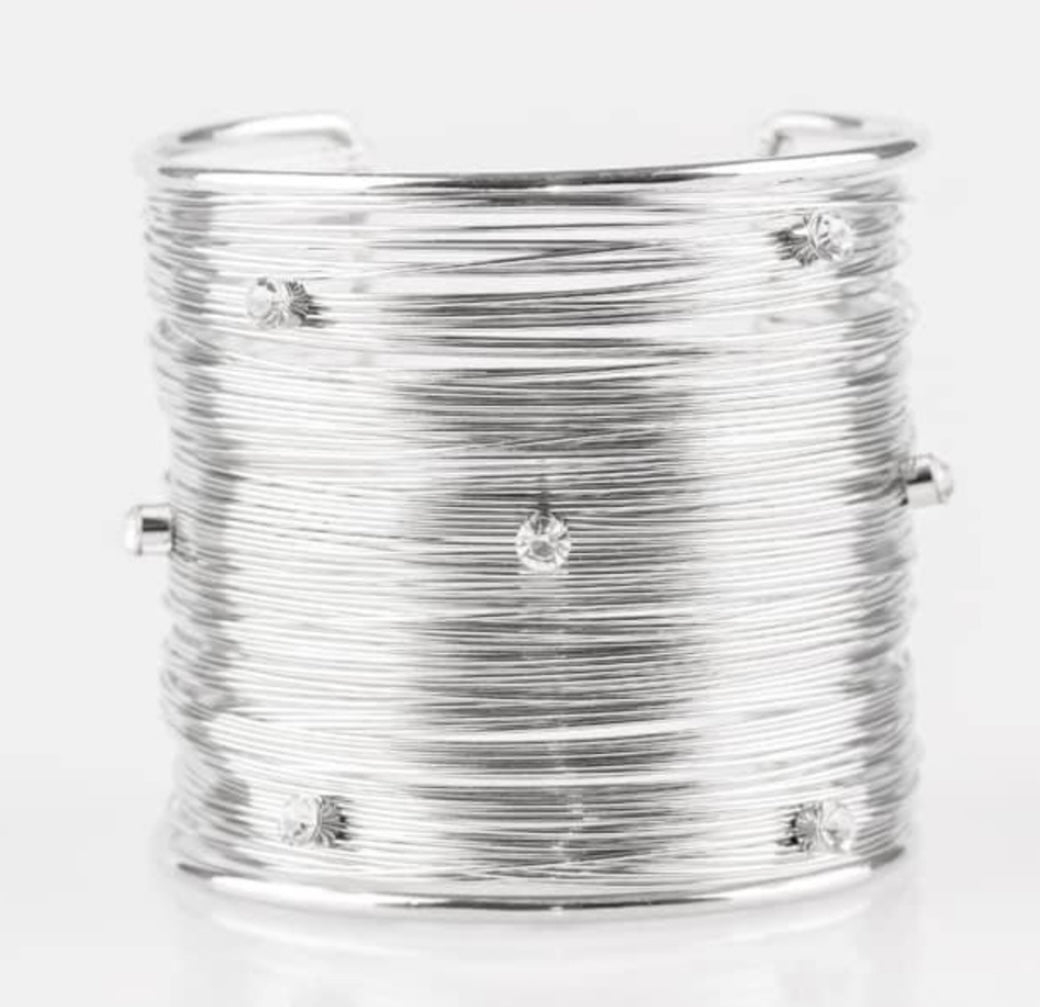 Silver Rhinestone Wide Cuff Bracelet for Women | Statement Wire Wrap Fashion Bracelet | Adjustable Glam Cuff Jewelry