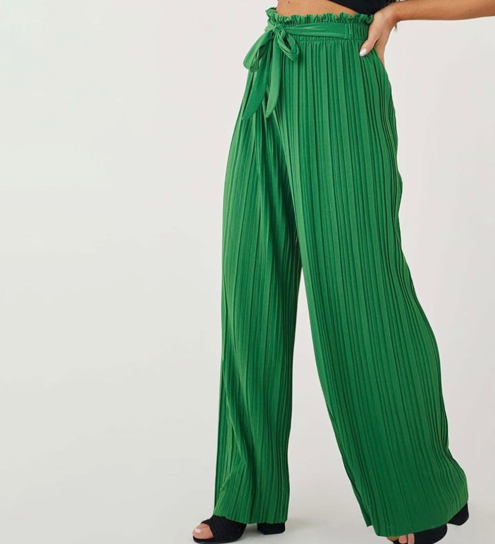 Pleated Paper bag Waist Pants - Green