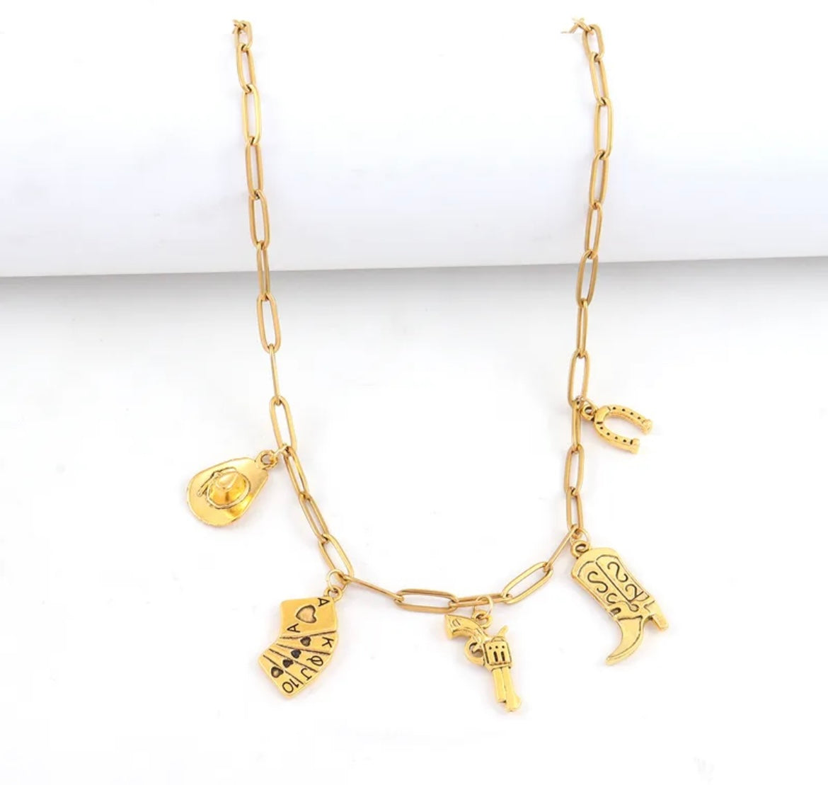 Gold Western Charm Necklace – Cowboy Boot, Hat, Horseshoe & Playing Cards
