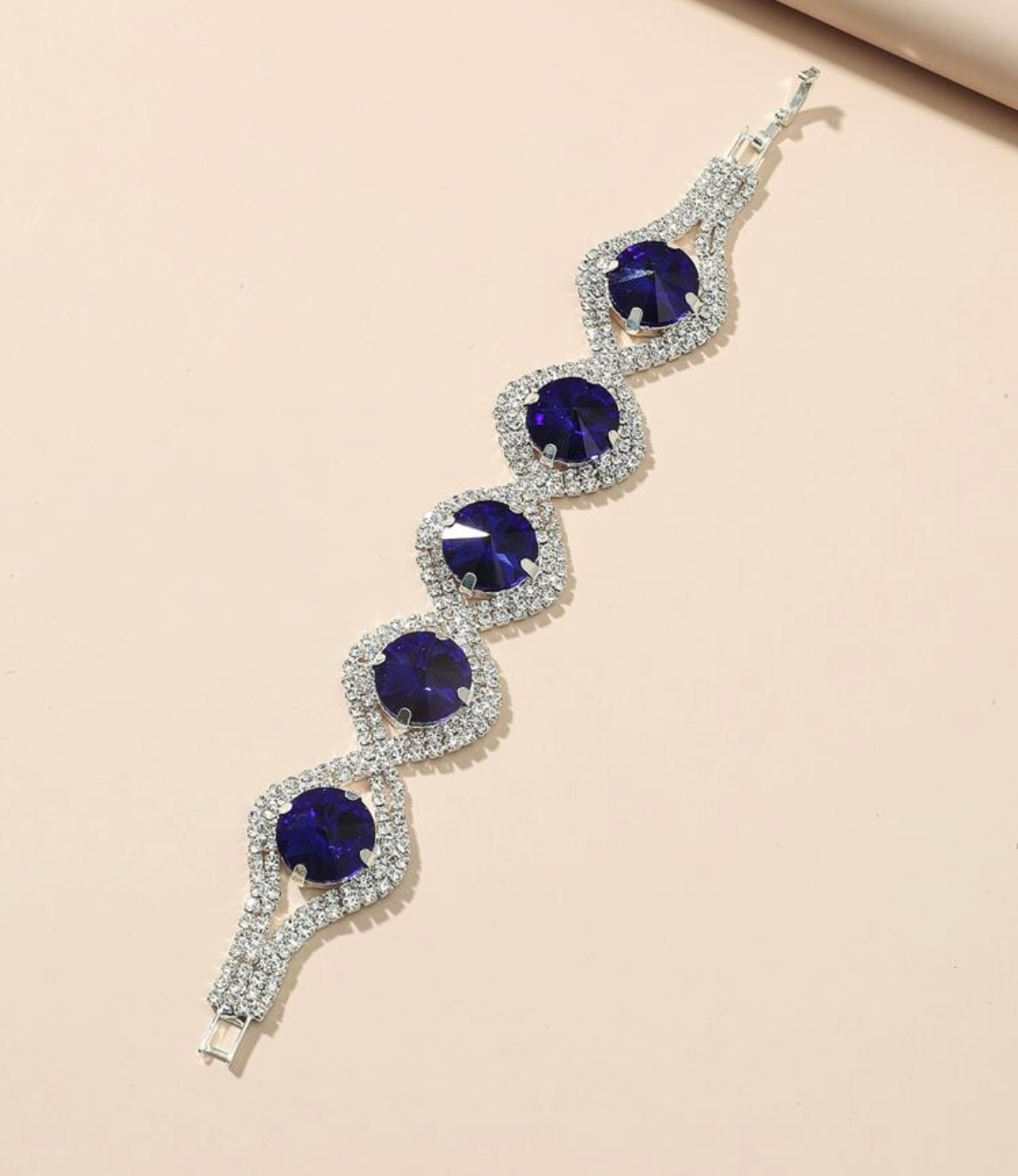 Sapphire Crystal Statement Bracelet – Silver Rhinestone Evening Bracelet for Women
